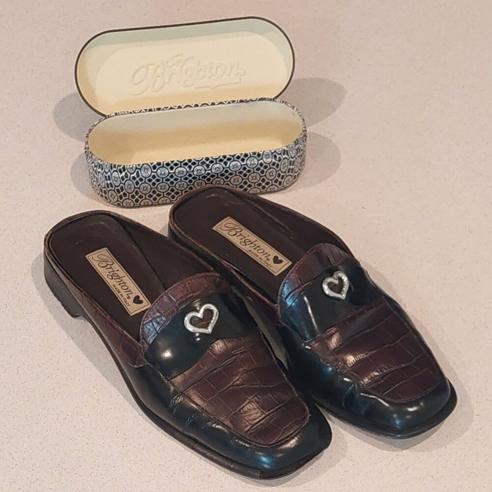 Brighton "Jade" Brown & Black Leather Mules Women's Size 8.5 & Sunglasses Case
